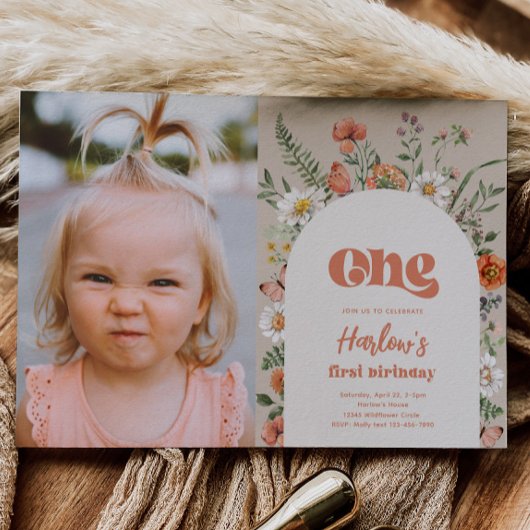 ワイルドフラワーフォトファースト誕生日招待状 招待状
