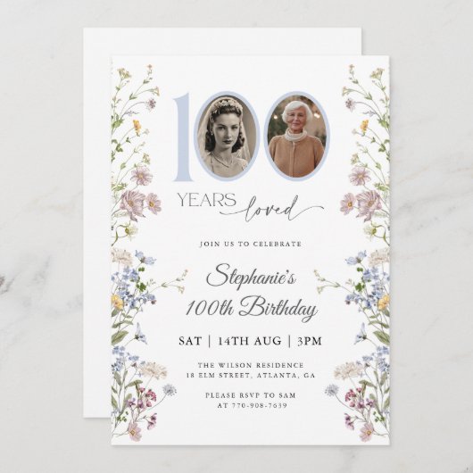 ワイルドフラワーフォト100誕生日 招待状 (正面/裏面)