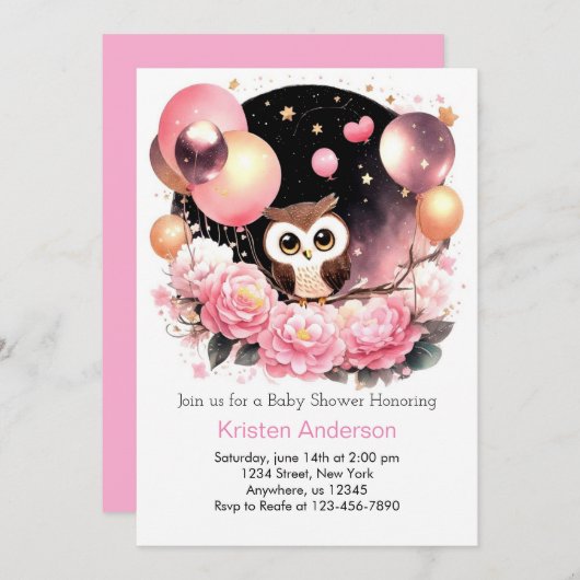 ワイルドフラワーフクロウウッドランドピンクの女の子ベビーシャワー 招待状 (正面/裏面)