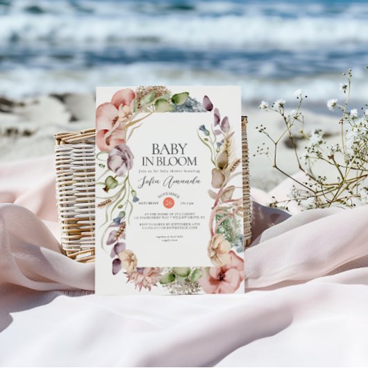 ワイルドフラワーフレームミニマリスト赤ちゃんシャワー 招待状