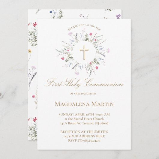 ワイルドフラワーフレーム最初の聖餐式 招待状 (正面/裏面)