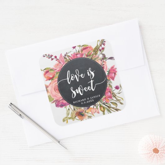 ワイルドフラワーフローラの愛は甘いステッカー結婚の愛 スクエアシール (封筒)