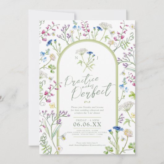 ワイルドフラワーフローラの水彩画結婚のリハーサル 招待状 (正面)