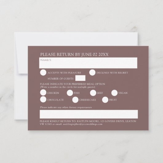 ワイルドフラワーフローラの食事オプション茶色の秋の結婚式 出欠カード (裏面)