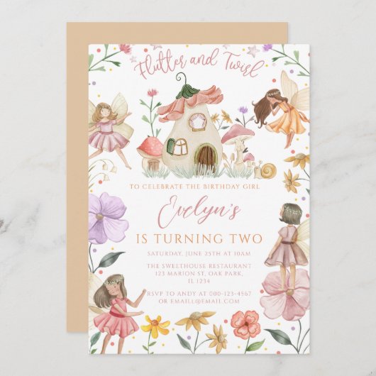 ワイルドフラワーフローラガーデンガールフェアリー誕生日 招待状 (正面/裏面)