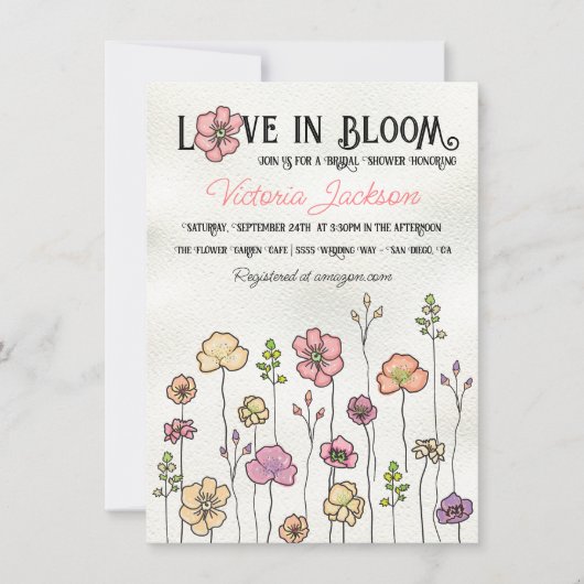 ワイルドフラワーフローラガーデンブライダルシャワー手描き 招待状 (正面)