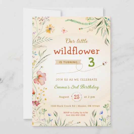 ワイルドフラワーフローラガールズキッドサマーバースデーパーティー 招待状 (正面)