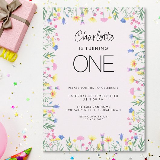 ワイルドフラワーフローラガールズファースト誕生日ピンク 招待状