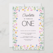 ワイルドフラワーフローラガールズファースト誕生日ピンク 招待状 (正面)