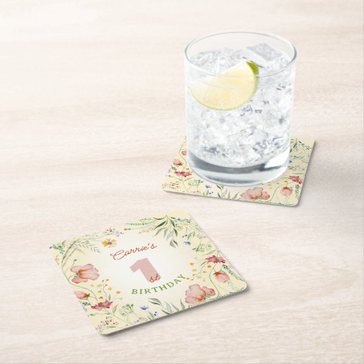 ワイルドフラワーフローラガール第1回誕生日ワン スクエアペーパーコースター (インサイチュ)