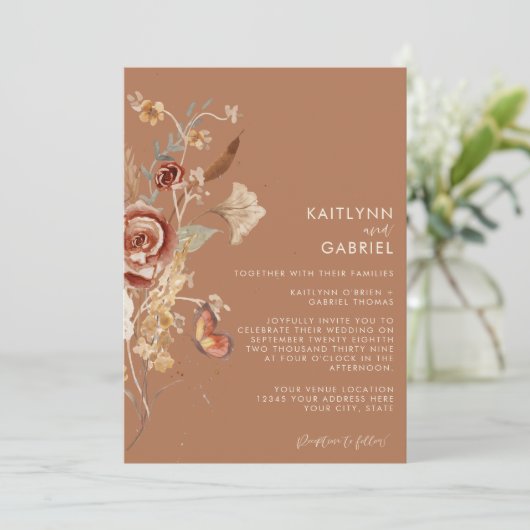 ワイルドフラワーフローラテラコッタ結婚ウォーターカラー 招待状 (スタンド正面)