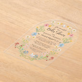 ワイルドフラワーフローラハチ水色ベビーガールシャワー アクリル招待状 (レイダウン)