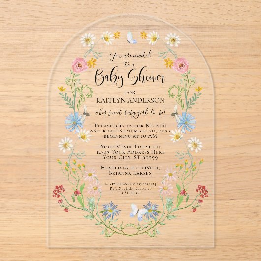 ワイルドフラワーフローラハチ水色ベビーガールシャワー アクリル招待状 (正面)