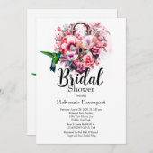 ワイルドフラワーフローラハート鍵ロックブライダルシャワー 招待状 (正面/裏面)