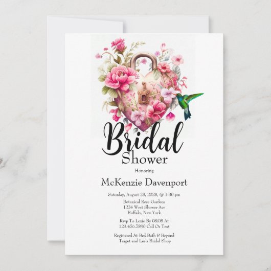 ワイルドフラワーフローラハート鍵ロックブライダルシャワーI 招待状 (正面)