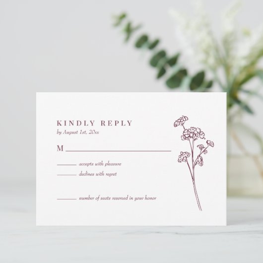 ワイルドフラワーフローラバーガンディーウェディングRSVPカード 出欠カード (スタンド正面)