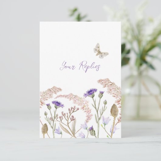 ワイルドフラワーフローラパープル秋の結婚式シンプル 出欠カード (スタンド正面)