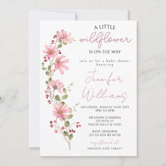 ワイルドフラワーフローラピンクの水色のベビーガールシャワー 招待状 (正面)