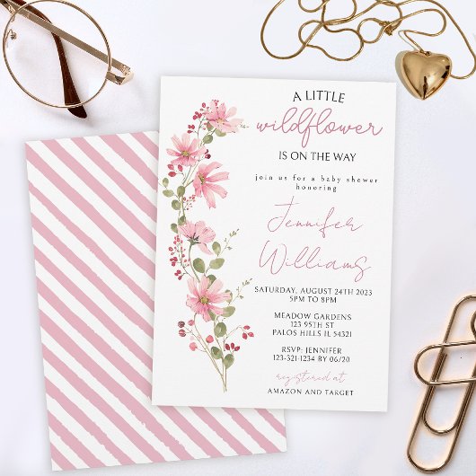ワイルドフラワーフローラピンクの水色のベビーガールシャワー 招待状