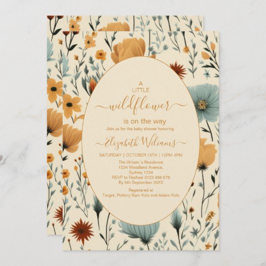 ワイルドフラワーフローラフレーム赤ちゃんシャワー 招待状 (正面/裏面)