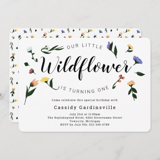 ワイルドフラワーフローラベビーファースト誕生日 招待状 (正面/裏面)