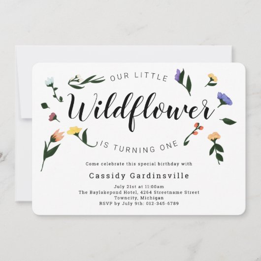 ワイルドフラワーフローラベビーファースト誕生日 招待状 (正面)
