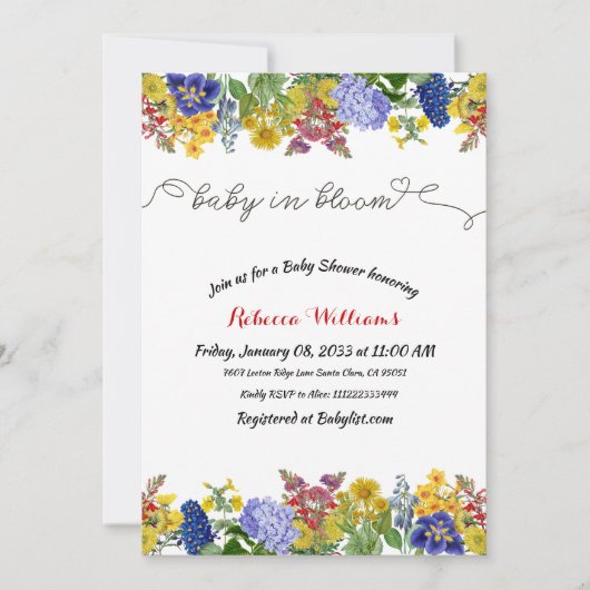 ワイルドフラワーフローラボーイガールベビーイン開花シャワー 招待状 (正面)