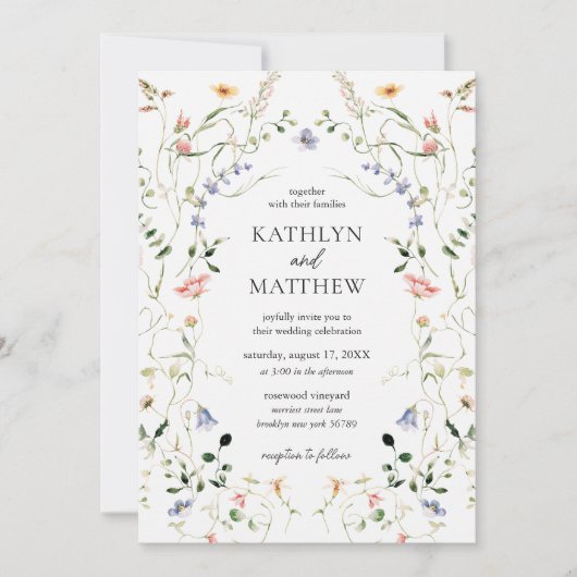 ワイルドフラワーフローラリースガーデンウォーター結婚カラー 招待状 (正面)