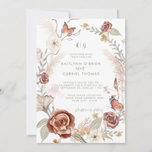 ワイルドフラワーフローラリースバタフライセージ緑 招待状 (正面)