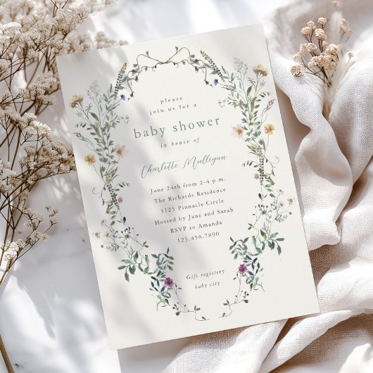 ワイルドフラワーフローラリース春ベビーシャワー 招待状