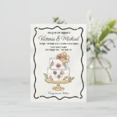 ワイルドフラワーフローラ庭園の結婚式ケーキハンド描画 招待状 (スタンド正面)