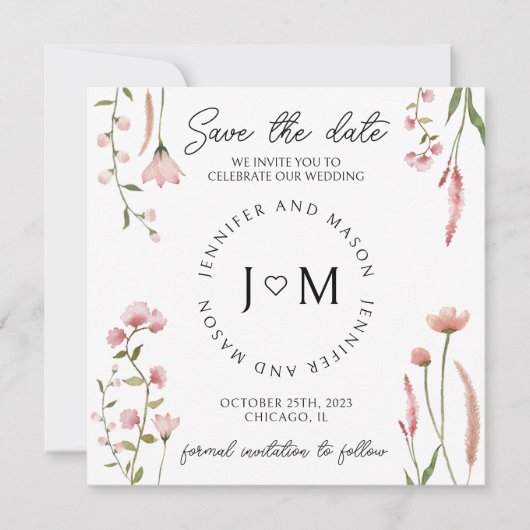 ワイルドフラワーフローラ日付写真を保存 招待状 (正面)