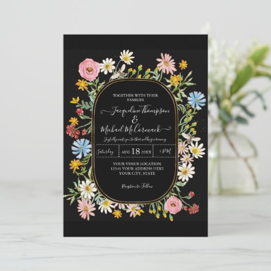 ワイルドフラワーフローラ水エレガント色の金ゴールド結婚 招待状 (スタンド正面)