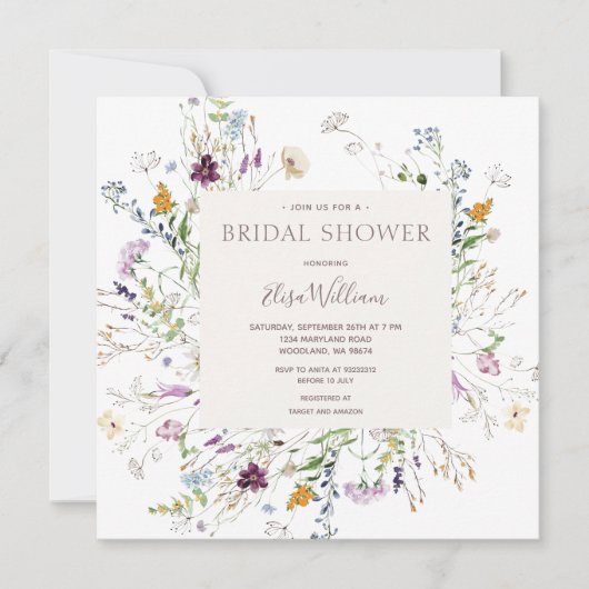 ワイルドフラワーフローラ水彩ブライダルシャワー 招待状 (正面)