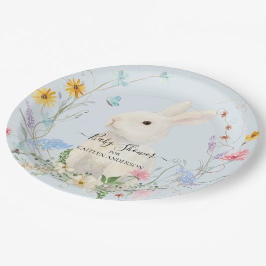 ワイルドフラワーフローラ水色ラビットビーバタフライ ペーパープレート (アングル)