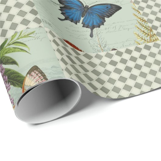 ワイルドフラワーフローラ牧草地のセージのチェックのデコパージュ ラッピングペーパー (ロールコーナー)