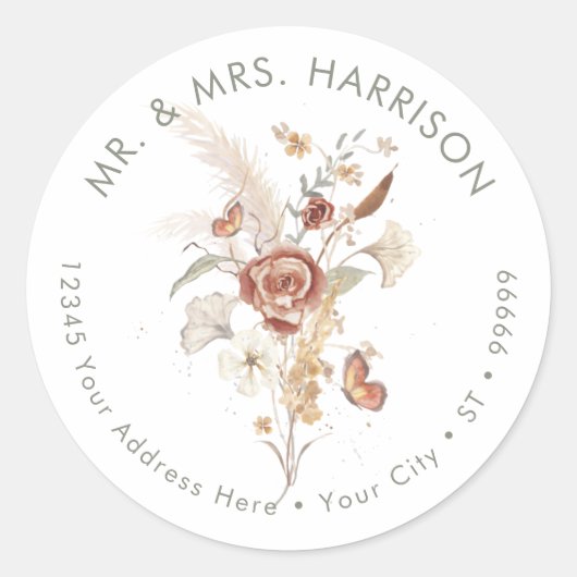 ワイルドフラワーフローラ秋リーフBOHOバタフライ結婚ズ ラウンドシール (正面)