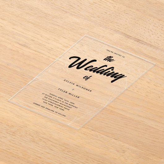 ワイルドフラワーフローラ結婚タイポグラフィ アクリル招待状 (レイダウン)