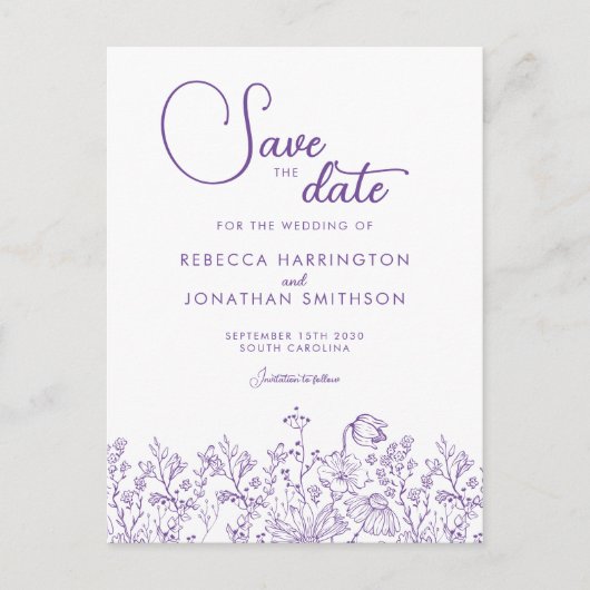 ワイルドフラワーフローラ薄紫結婚式の日付を保存 インビテーションポストカード (正面)