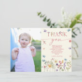 ワイルドフラワーフローラ蝶写真誕生日パーティー サンキューカード (スタンド正面)