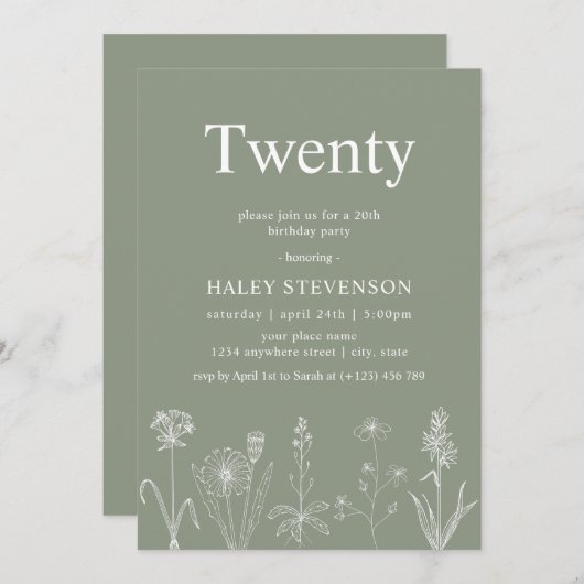 ワイルドフラワーフローラ20セージ緑20誕生日 招待状 (正面/裏面)