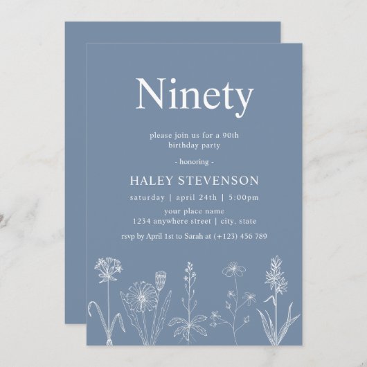ワイルドフラワーフローラ90ダスティブルー90誕生日 招待状 (正面/裏面)