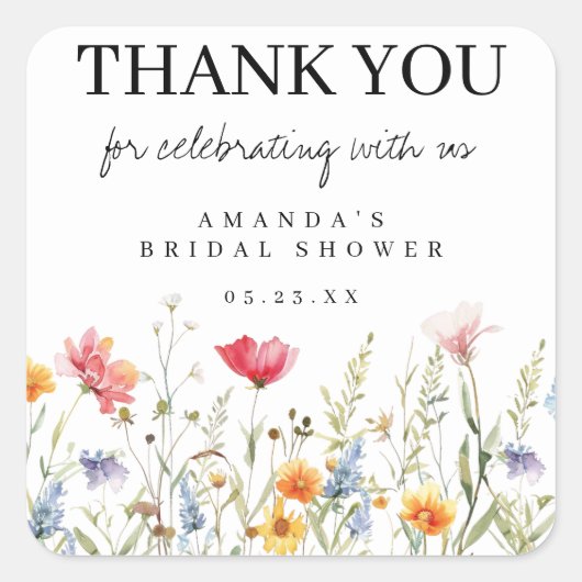 ワイルドフラワーブライダルシャワーありがとう スクエアシール (正面)