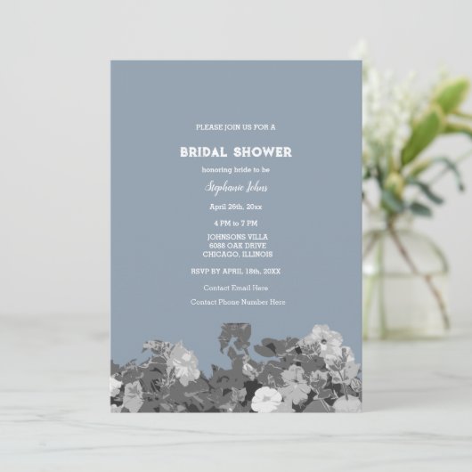 ワイルドフラワーブライダルシャワーダスティーブルー結婚フローラ 招待状 (スタンド正面)