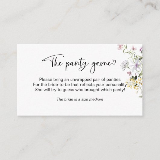 ワイルドフラワーブライダルシャワーパンティーゲーム エンクロージャーカード (正面)