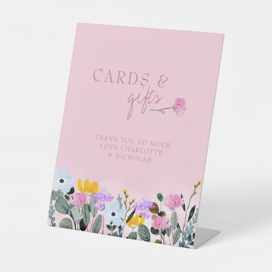 ワイルドフラワーブライダルシャワーピンクカードとギフト 台座サイン (正面)