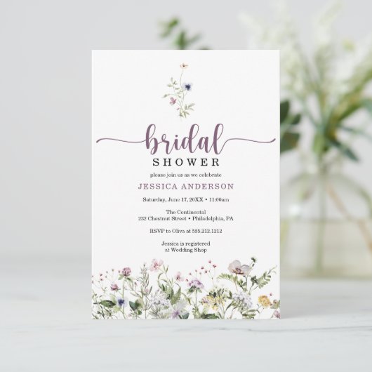 ワイルドフラワーブライダルシャワーミニマル招待状カード 招待状 (スタンド正面)