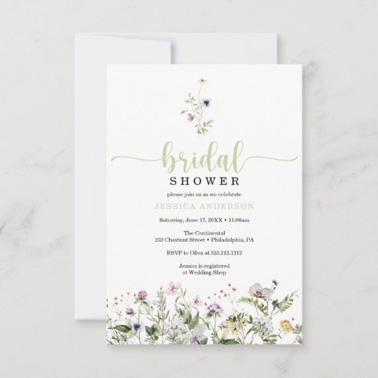 ワイルドフラワーブライダルシャワーミニマル招待状カード 招待状 (正面)