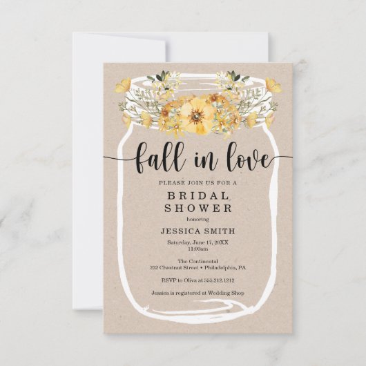ワイルドフラワーブライダルシャワーメイソンジャーイエロー 招待状 (正面)