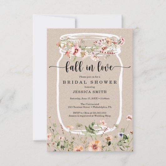 ワイルドフラワーブライダルシャワーメイソンジャールピンク招待状 招待状 (正面)